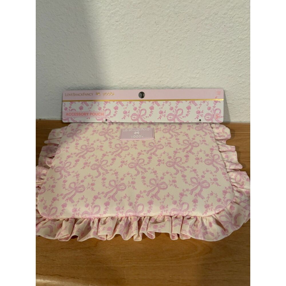 LoveShackFancy x Yoobi Ruffle Accessory Pouch Pink Bow Floral Cosmetic Bag NWT